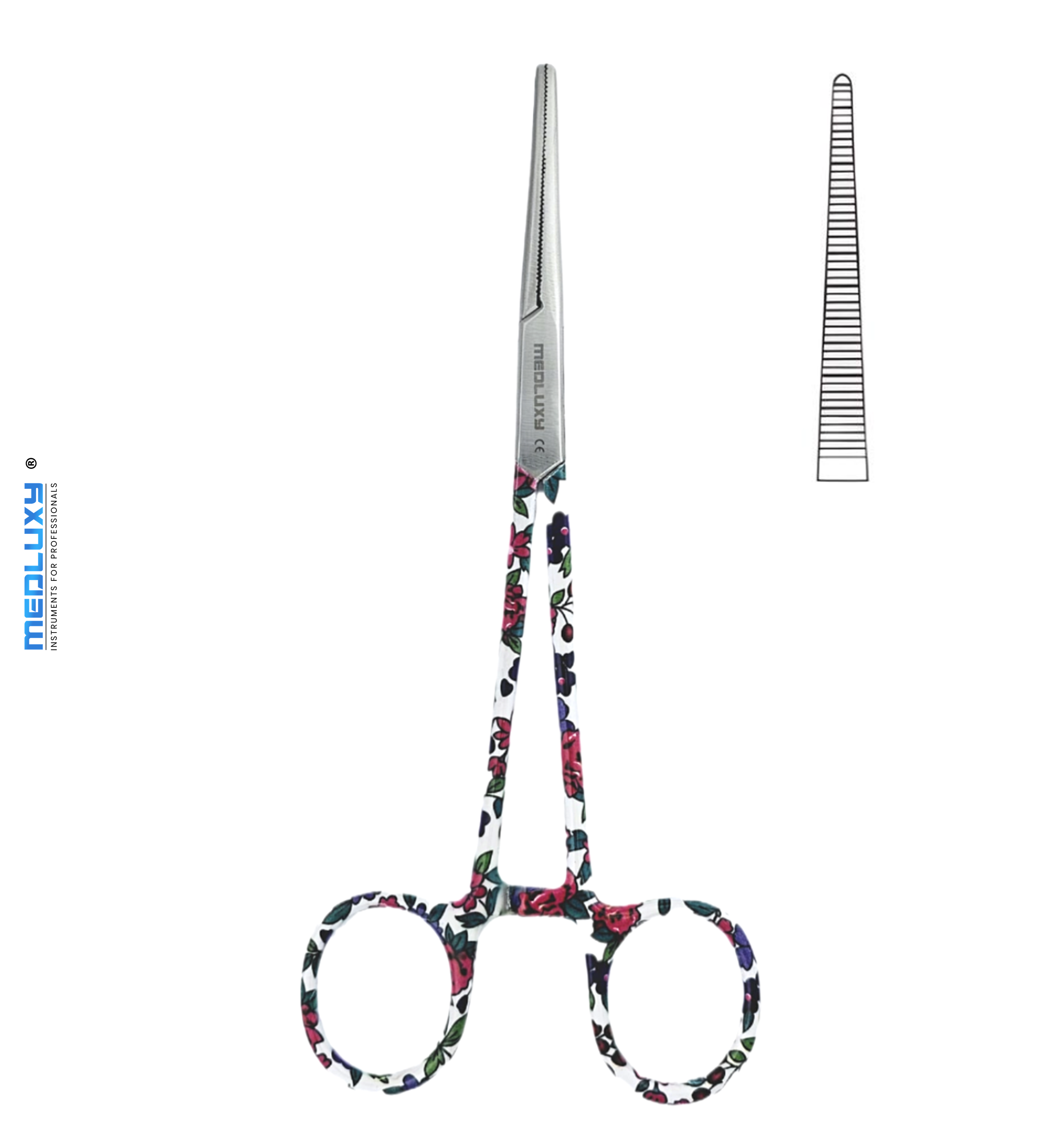 Medluxy - Artery clamp Kocher - High Quality Stainless Steel - 16 cm - Straight - Flower print - Nursing scissors - Bandage scissors - First aid - Medical scissors - Clamp scissors - Self-clamping pliers for Pedicure, Nurses and Doctors, nursing
